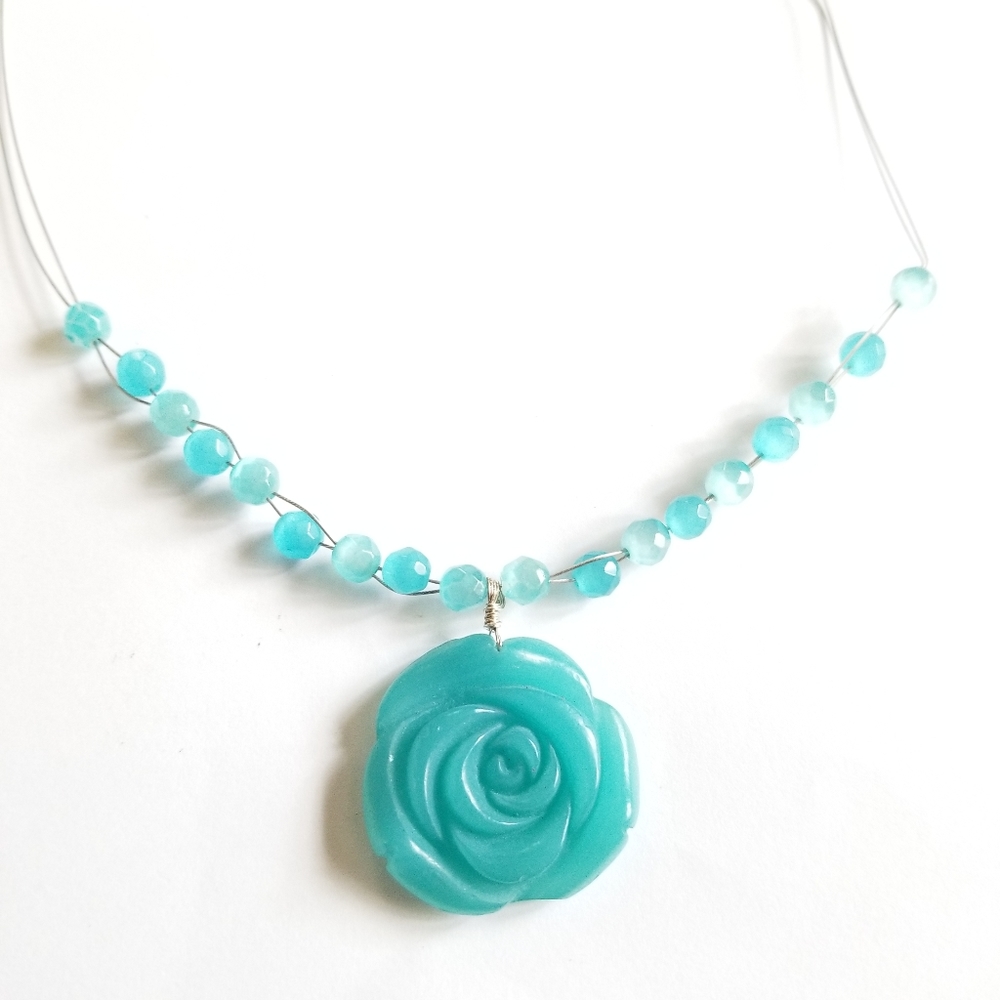 Rose necklace Y2k aqua blue rose beads wire silver tone